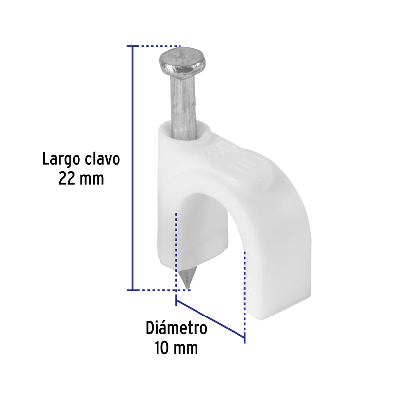 Grapa para Cable Redondo Blanca de 10 mm Volteck Bolsa con 20 Piezas