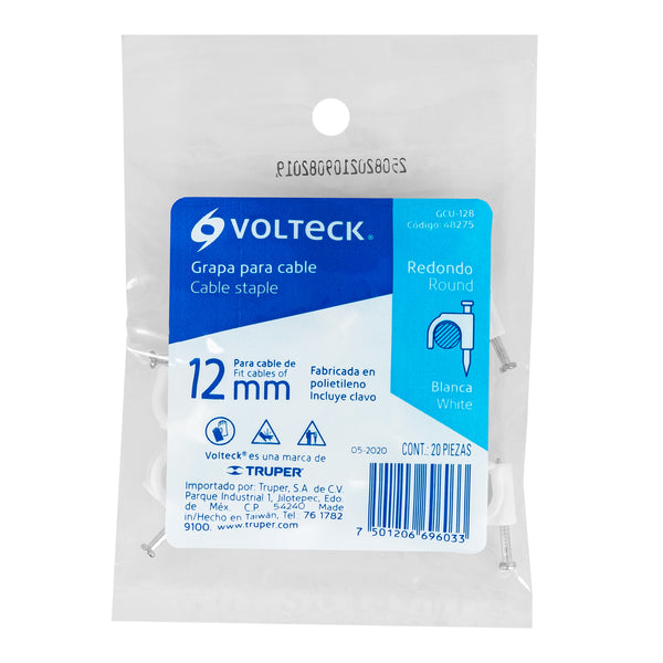 Grapa de 12 mm para Cable Redondo Blanca Volteck Bolsa con 20 Piezas