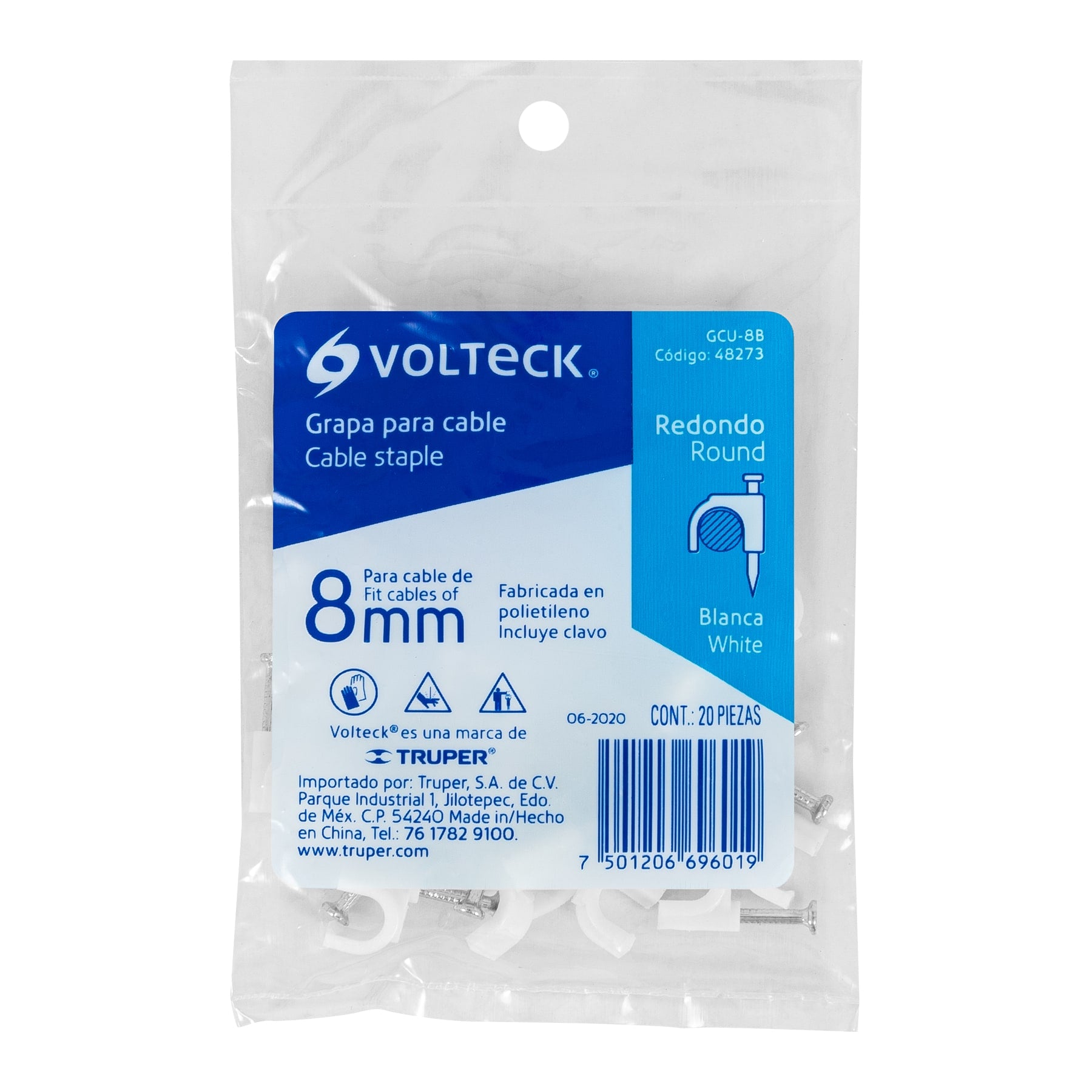 Grapa para Cable Redondo Blanca de  8 mm Volteck Bolsa con 20 Piezas