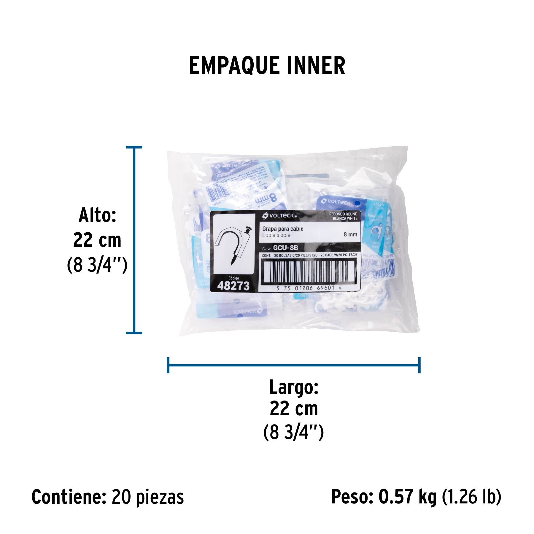 Grapa para Cable Redondo Blanca de  8 mm Volteck Bolsa con 20 Piezas
