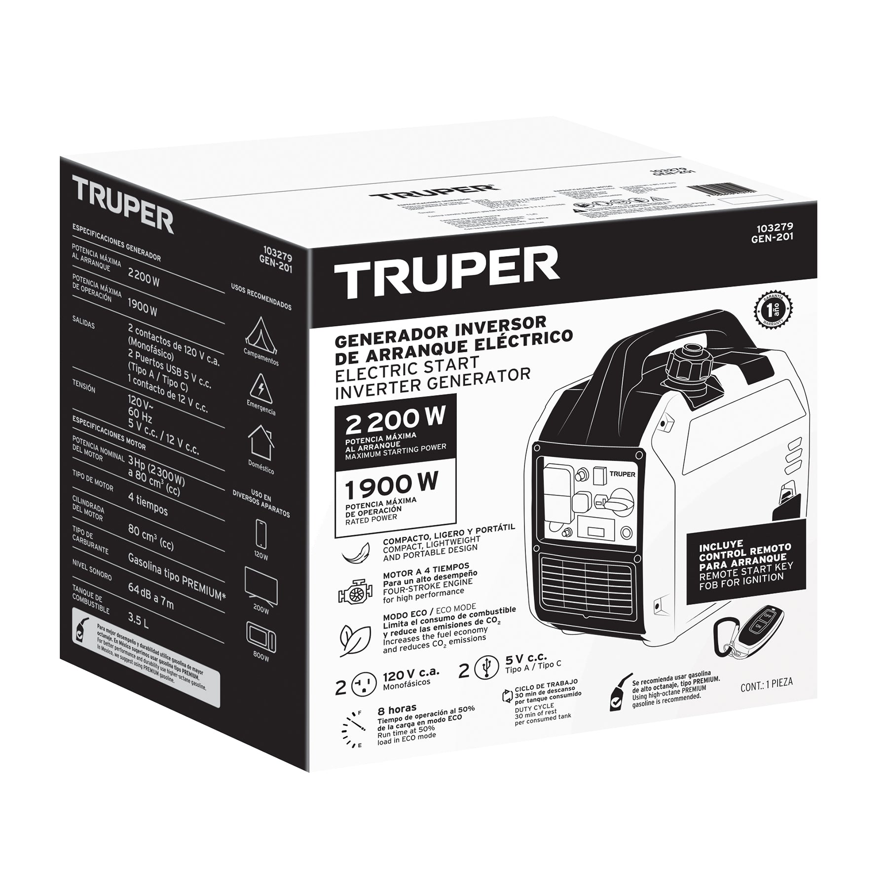 Generador Inverter Silencioso 2.2 kW Encendido Electronico Truper