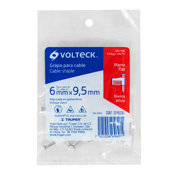 Grapa para Cable Plano Blanca de  6 mm Volteck Bolsa con 20 Piezas