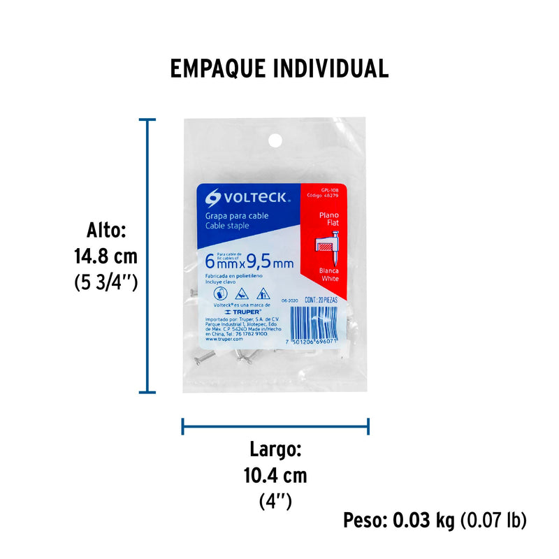 Grapa para Cable Plano Blanca de  6 mm Volteck Bolsa con 20 Piezas