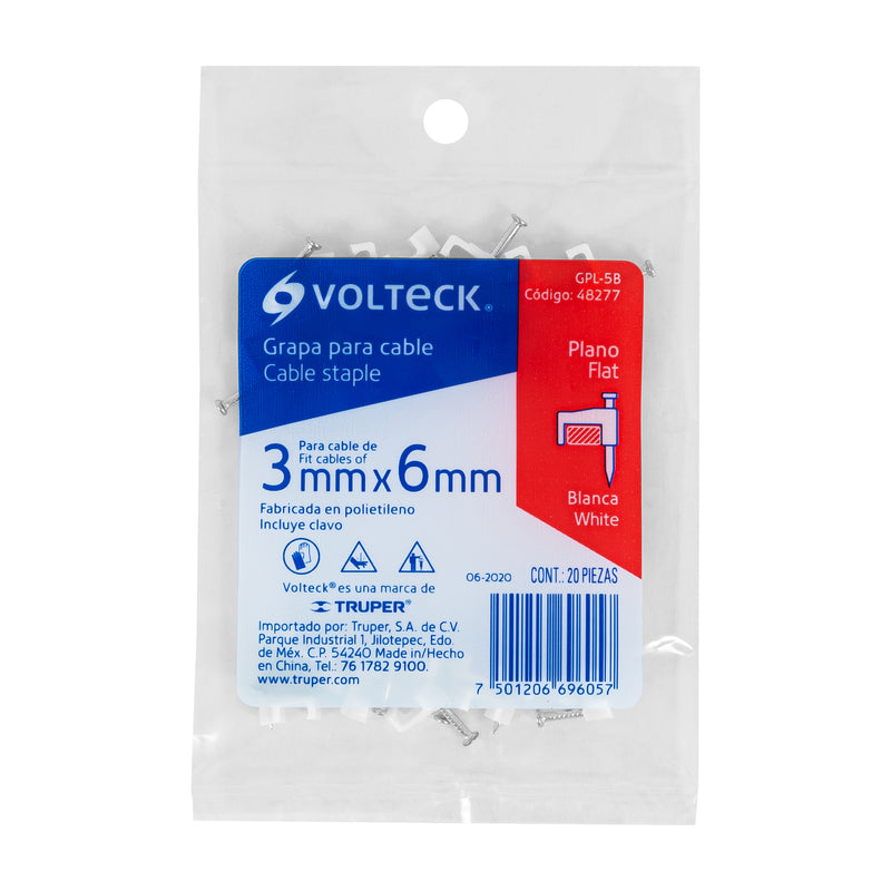 Grapa de  3 mm para Cable Plano Blanca Volteck Bolsa con 20 Piezas