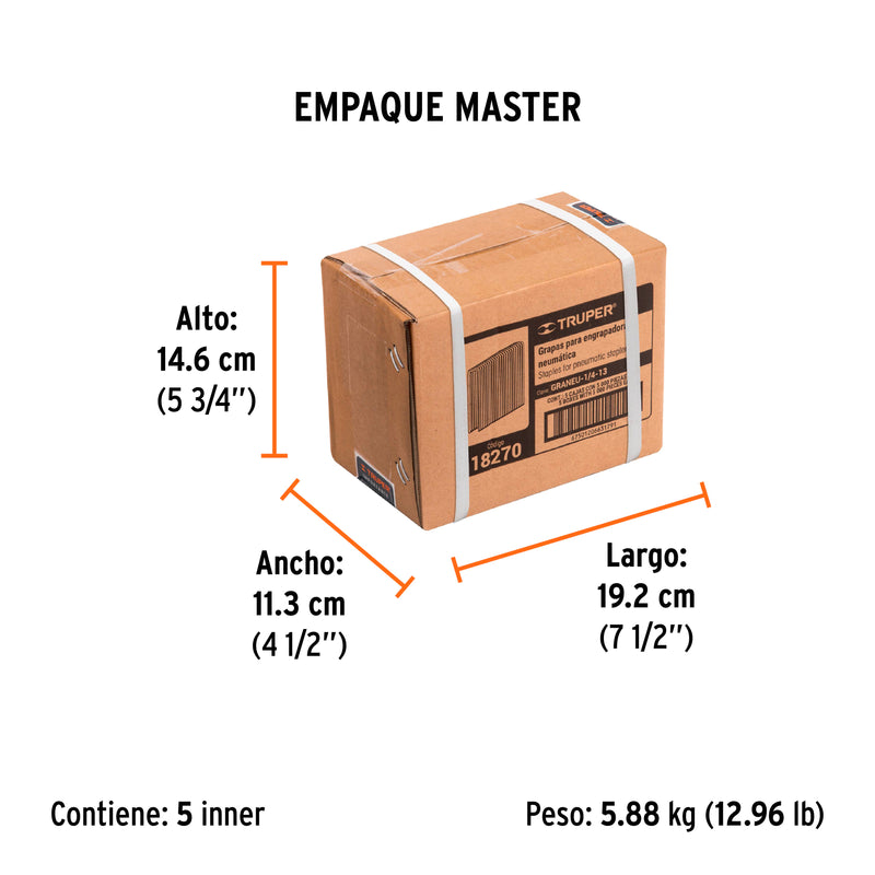 Grapas Engrapadora Neumatica Calibre 18 Caja con 5,000 Truper 1/2" (13 mm)