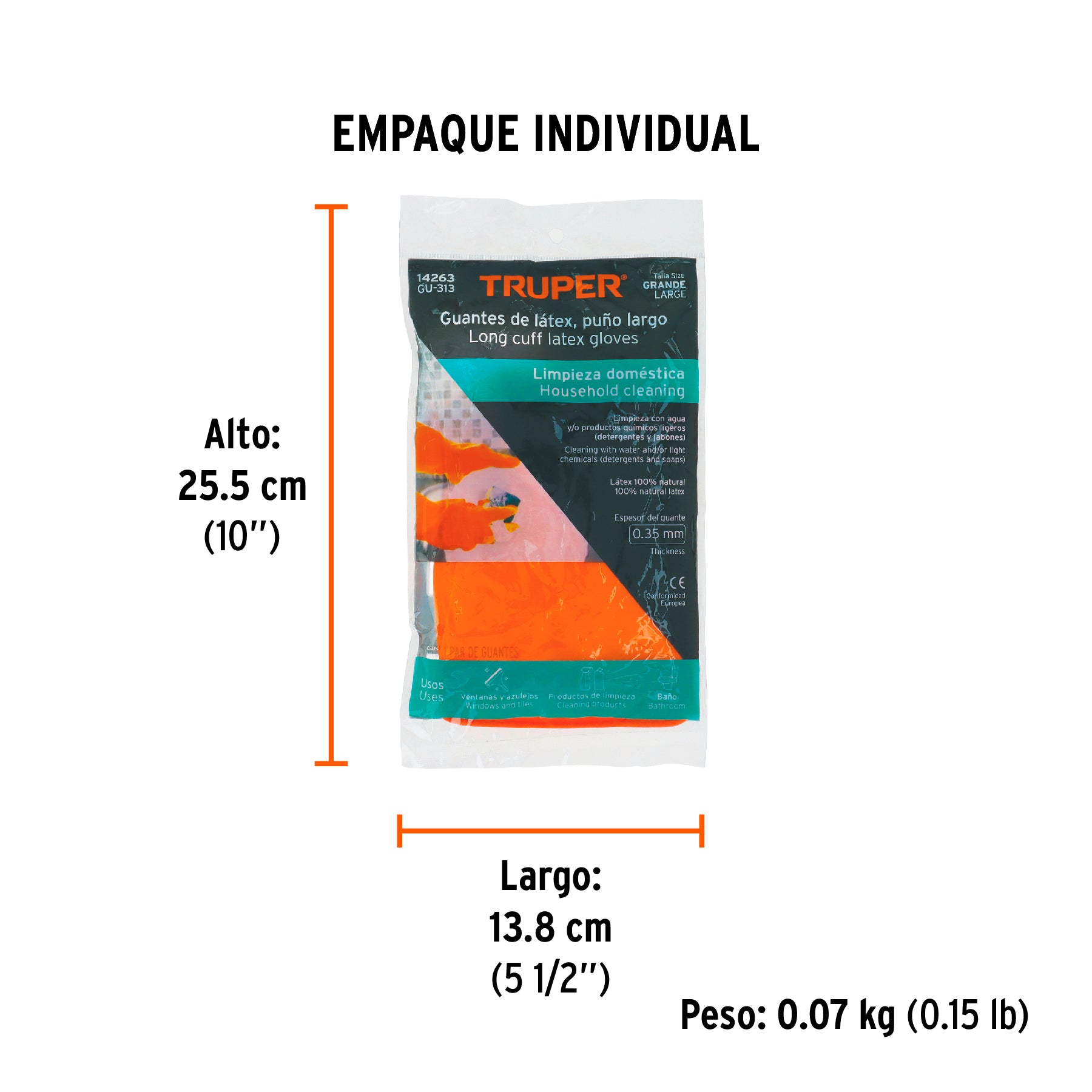Guantes de Latex Grabado Naranja Truper Talla  9 Grande