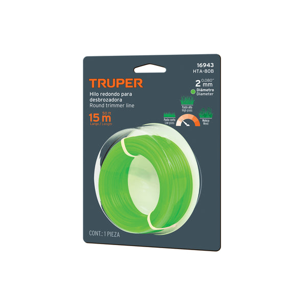 Hilo Redondo para Desbrozadora 2.0 mm x 15 mts Verde Tarjeta Truper
