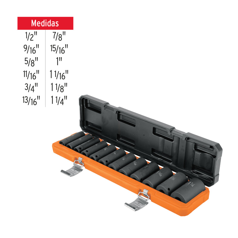 Juego de 12 Dados de Impacto Largos 6 Puntas Cuadro 1/2" STD Truper