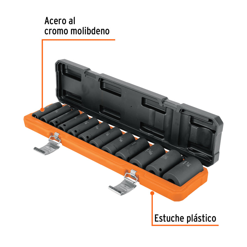 Juego de 12 Dados de Impacto Largos 6 Puntas Cuadro 1/2" STD Truper