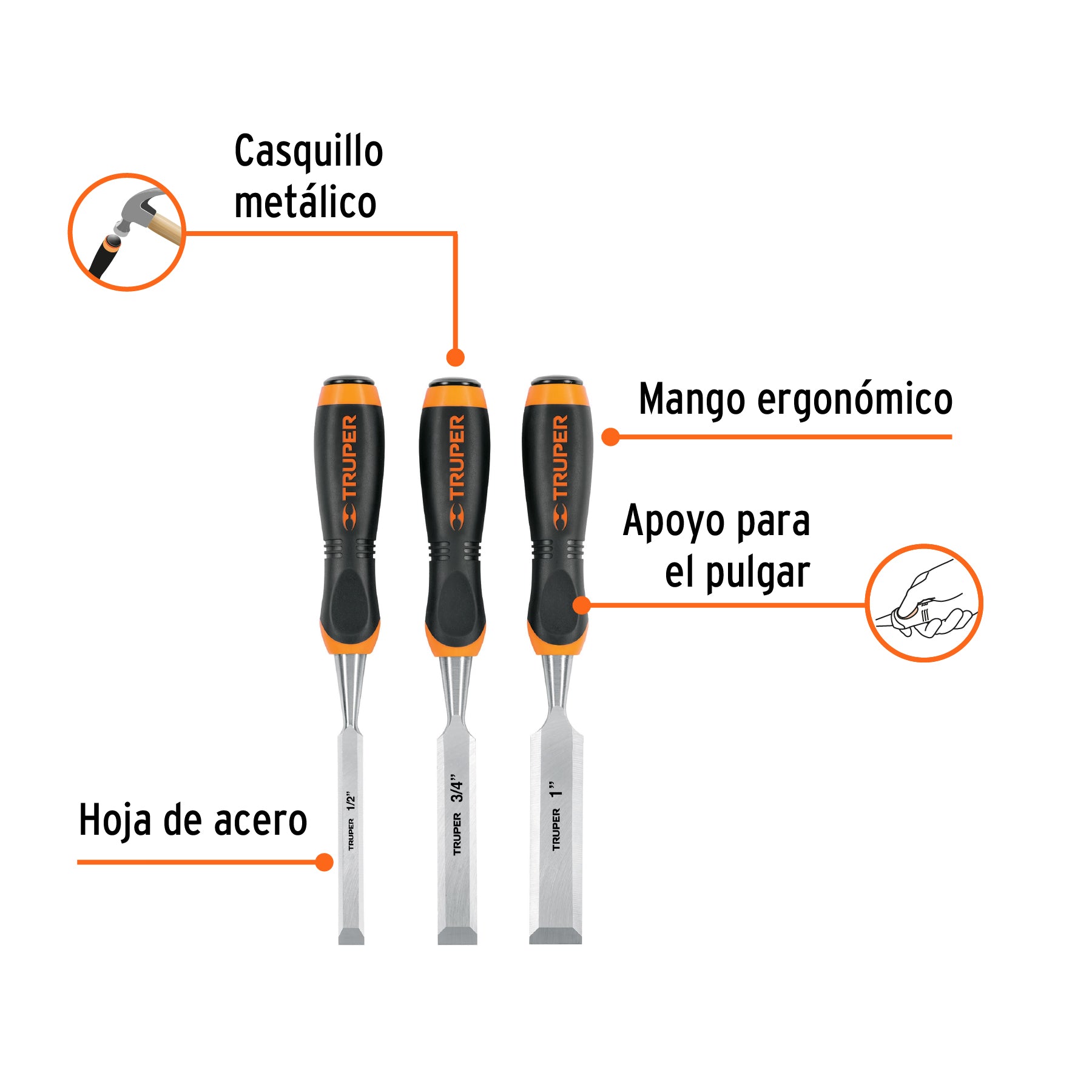 Juego de 3 Formones para Madera Mango Comfort Grip Truper