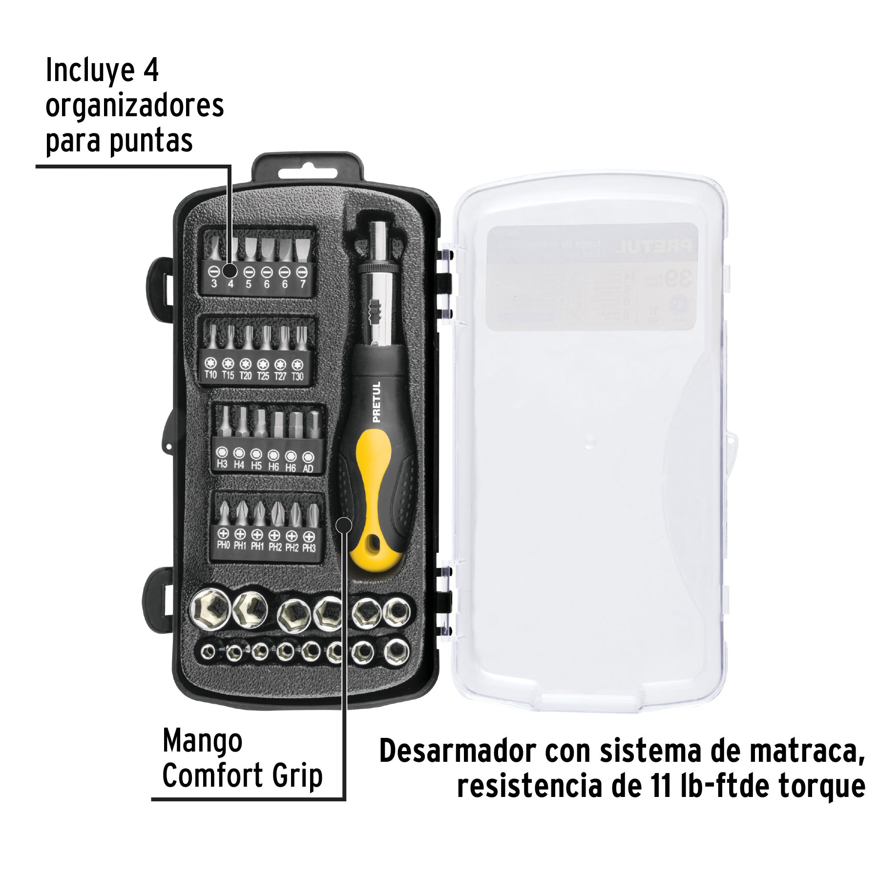 Desarmador Tipo Matraca con Puntas y Dados 39 Piezas Pretul