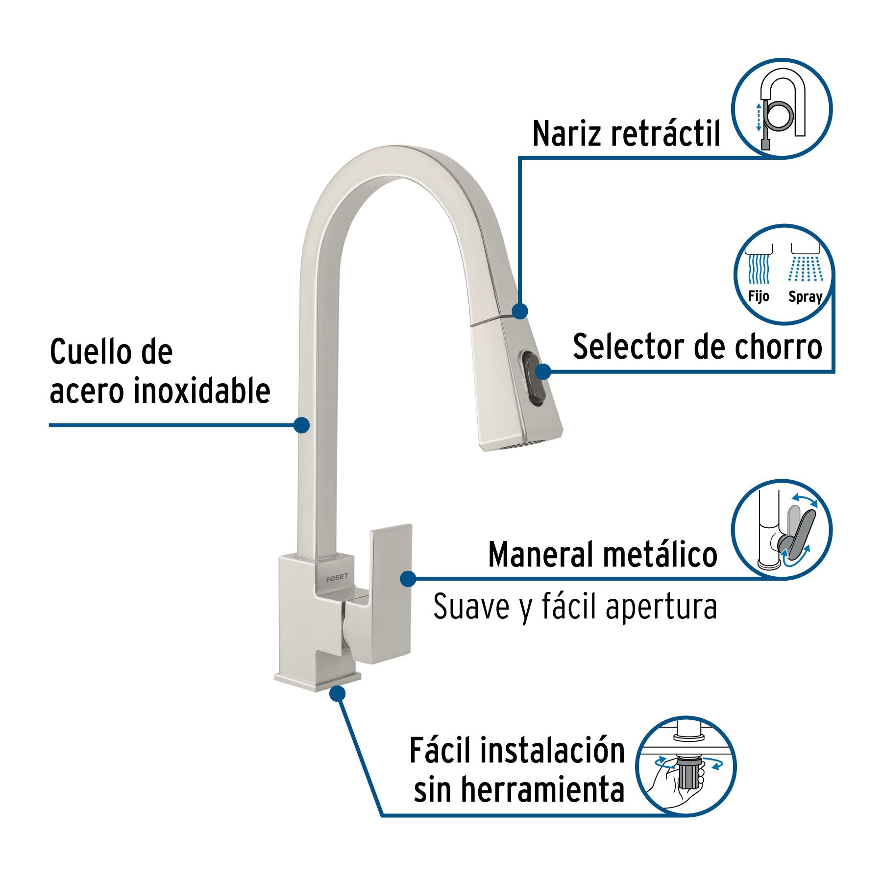Monomando para Fregadero Nariz Retractil FOSET KUBO Acabado Satin