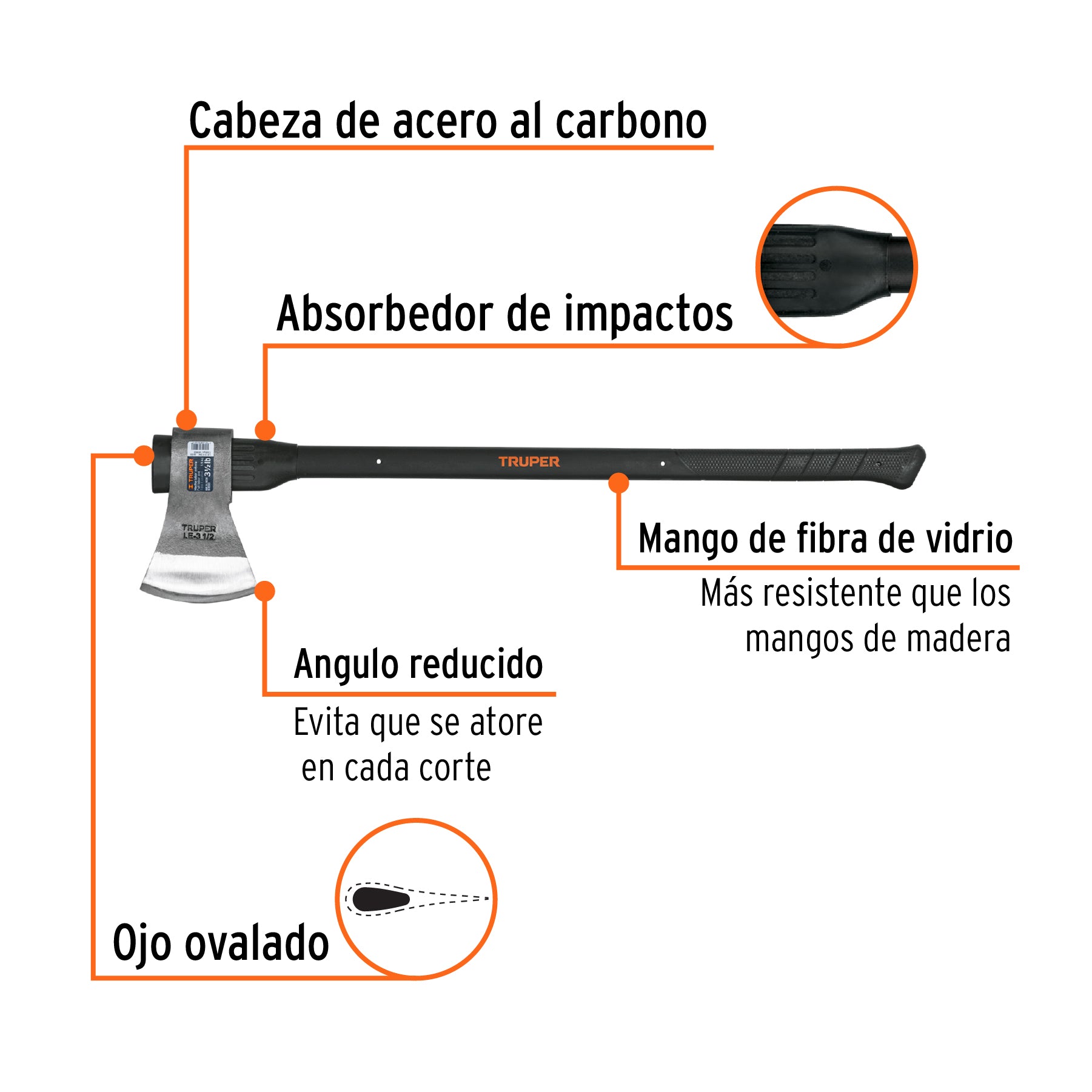Hacha Labor Entera Mango Fibra de Vidrio 36" Truper 3-1/2 Lb