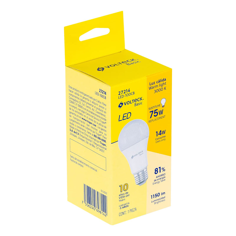 Foco LED Tipo Bulbo 14 Watts A19 E27 Volteck Basic Luz Calida