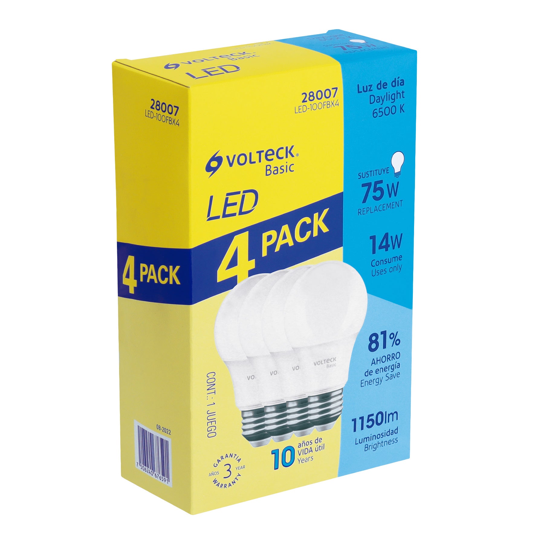 Paquete de 4 Focos LED Tipo Bulbo 14 Watts A19 E27 Luz Blanca Volteck Basic