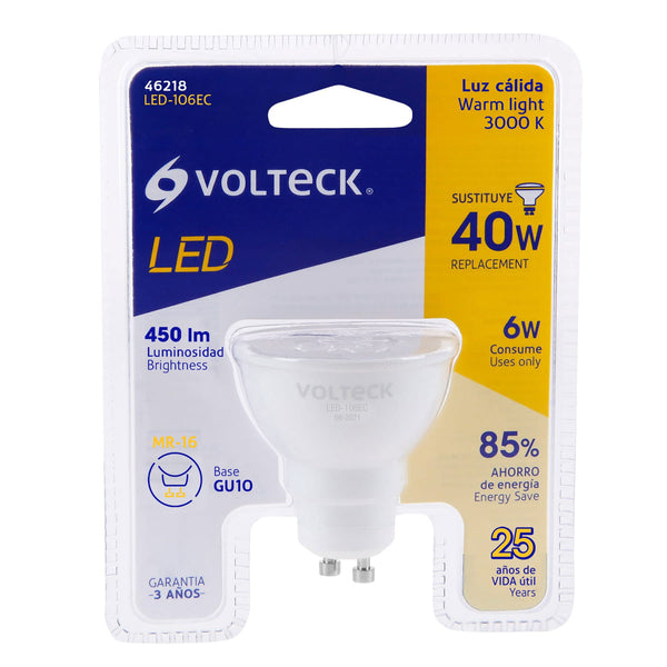 Foco LED MR16 Base GU10 de 6 Watts Volteck Luz Calida