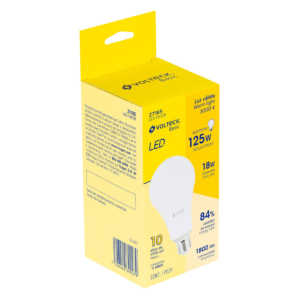 Foco Bulbo Led Foco LED Tipo Bulbo 18 Watts A25 E27 Volteck Basic Luz Calida