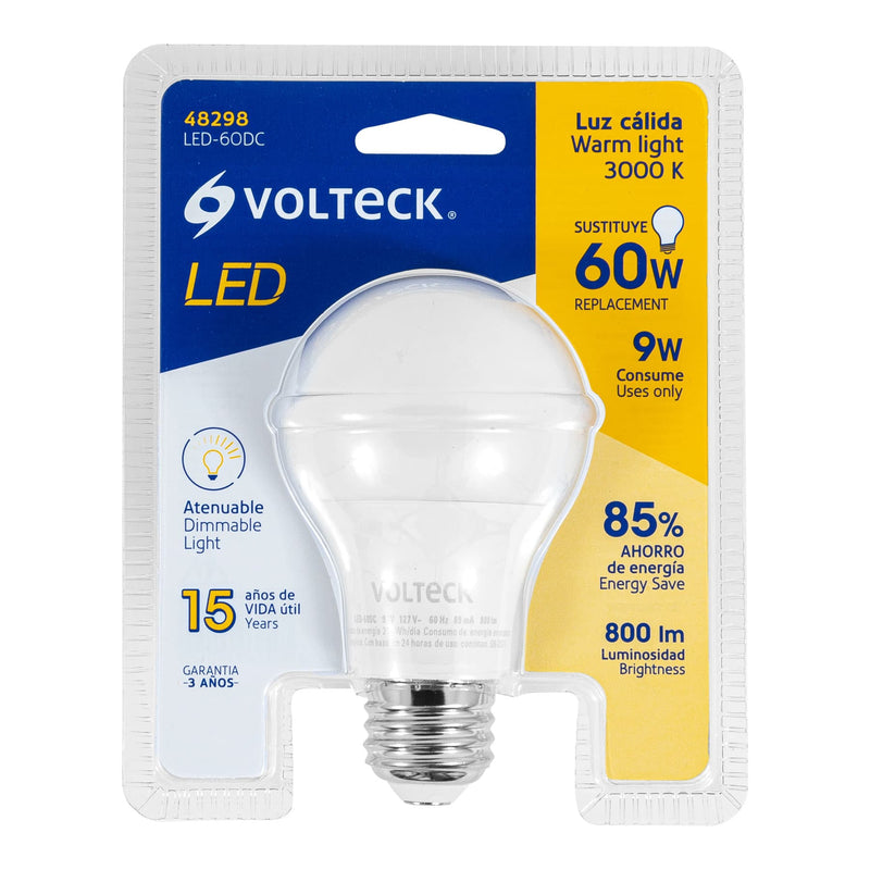 Foco LED Tipo Bulbo Atenuable 9 Watts A19 E27 Luz Calida Volteck