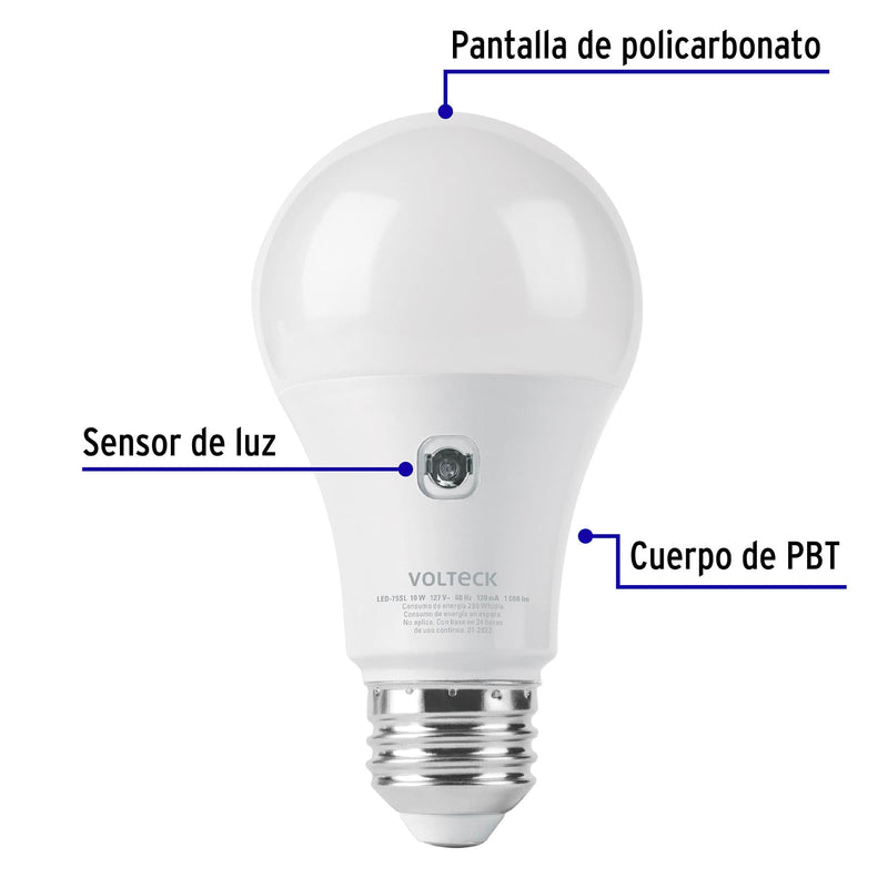 Foco LED Tipo Bulbo con Sensor de Luz 10 Watts A19 E27 Luz Blanca Volteck