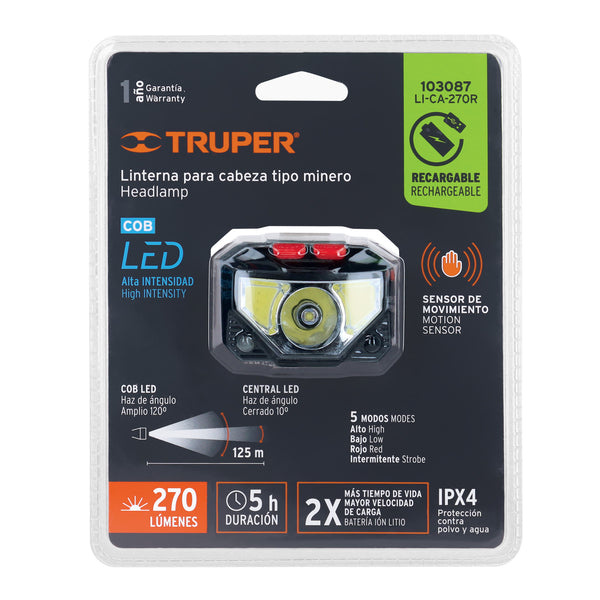 Linterna de Minero Recargable 270 Lumenes Truper