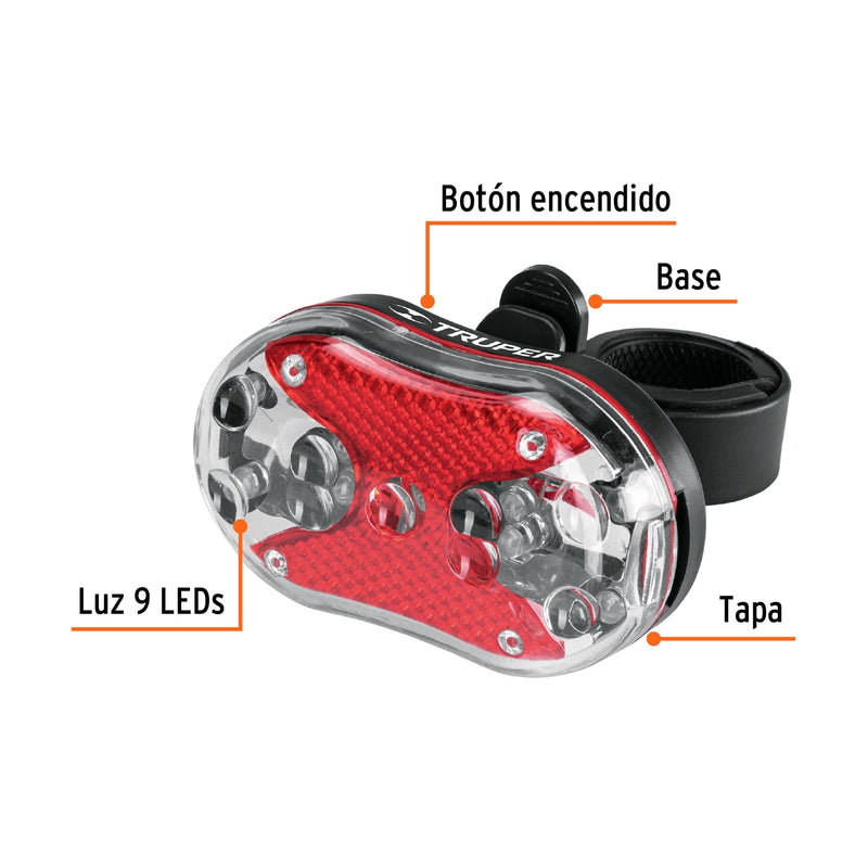 Linterna Trasera para Bicicleta 9 LEDs con 2 Pilas AAA Truper