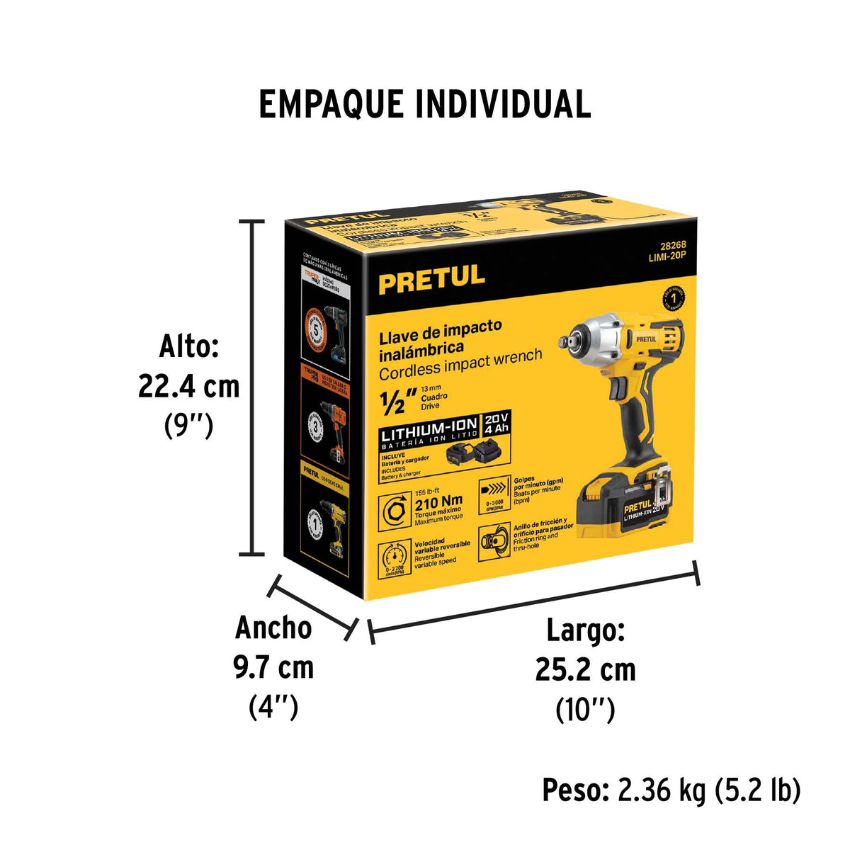 Llave de Impacto Inalambrica 20 Volts 1/2" con 1 Bateria Pretul