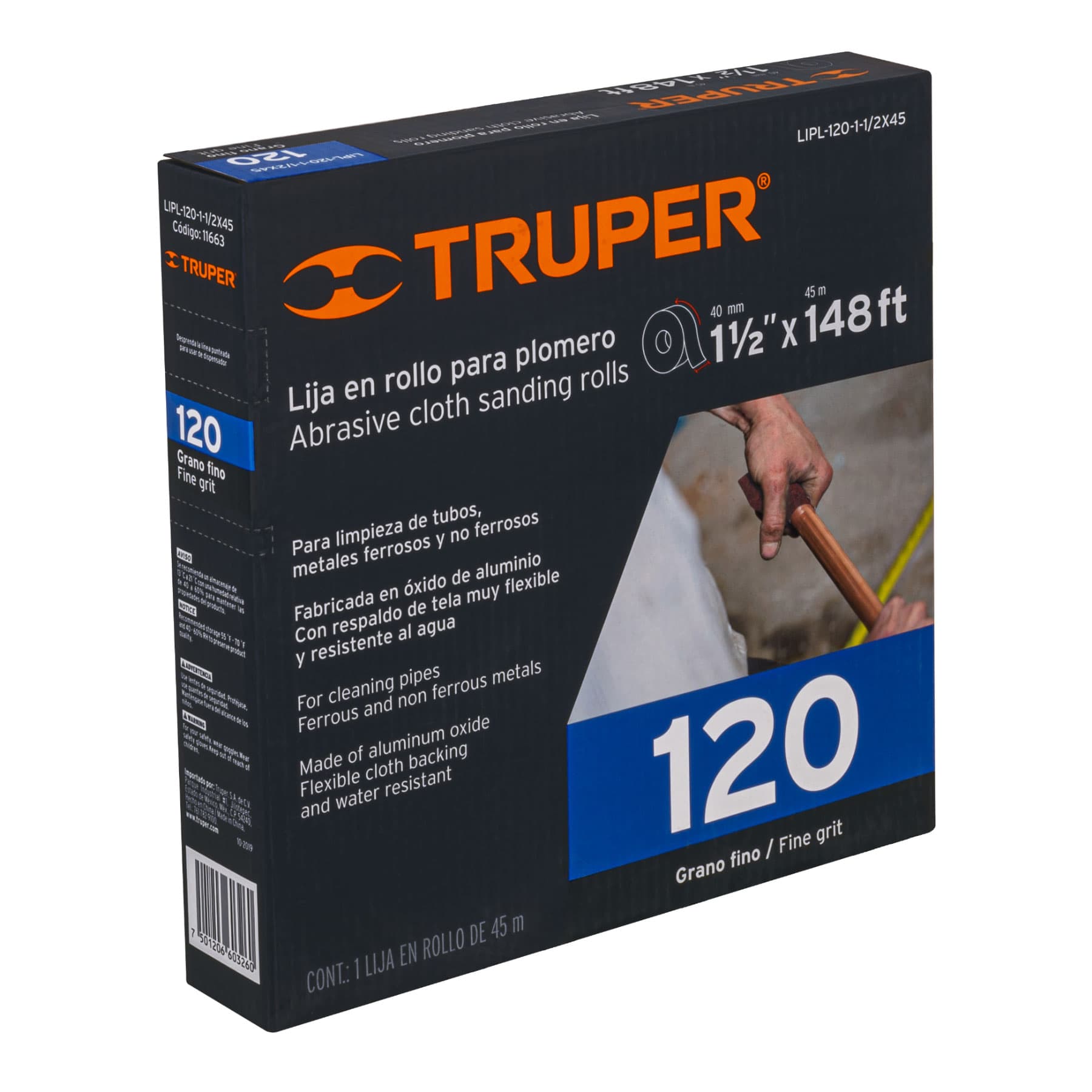 Lija para Plomero Grado 120 Ancho 1"1/2 Truper Rollo 45 Metros