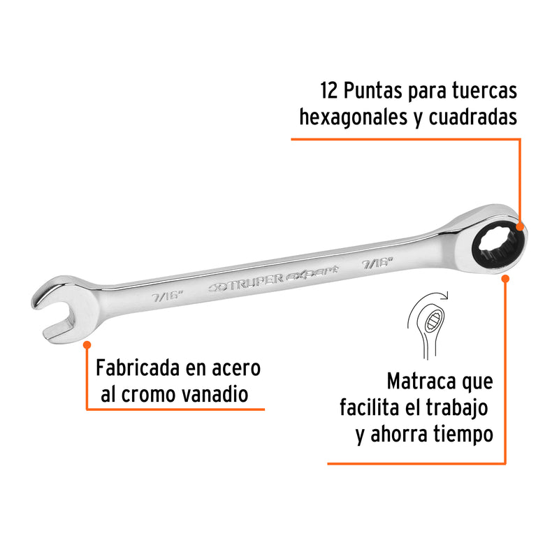 Llave Combinada con Matraca Estandar Truper Expert 7/16"