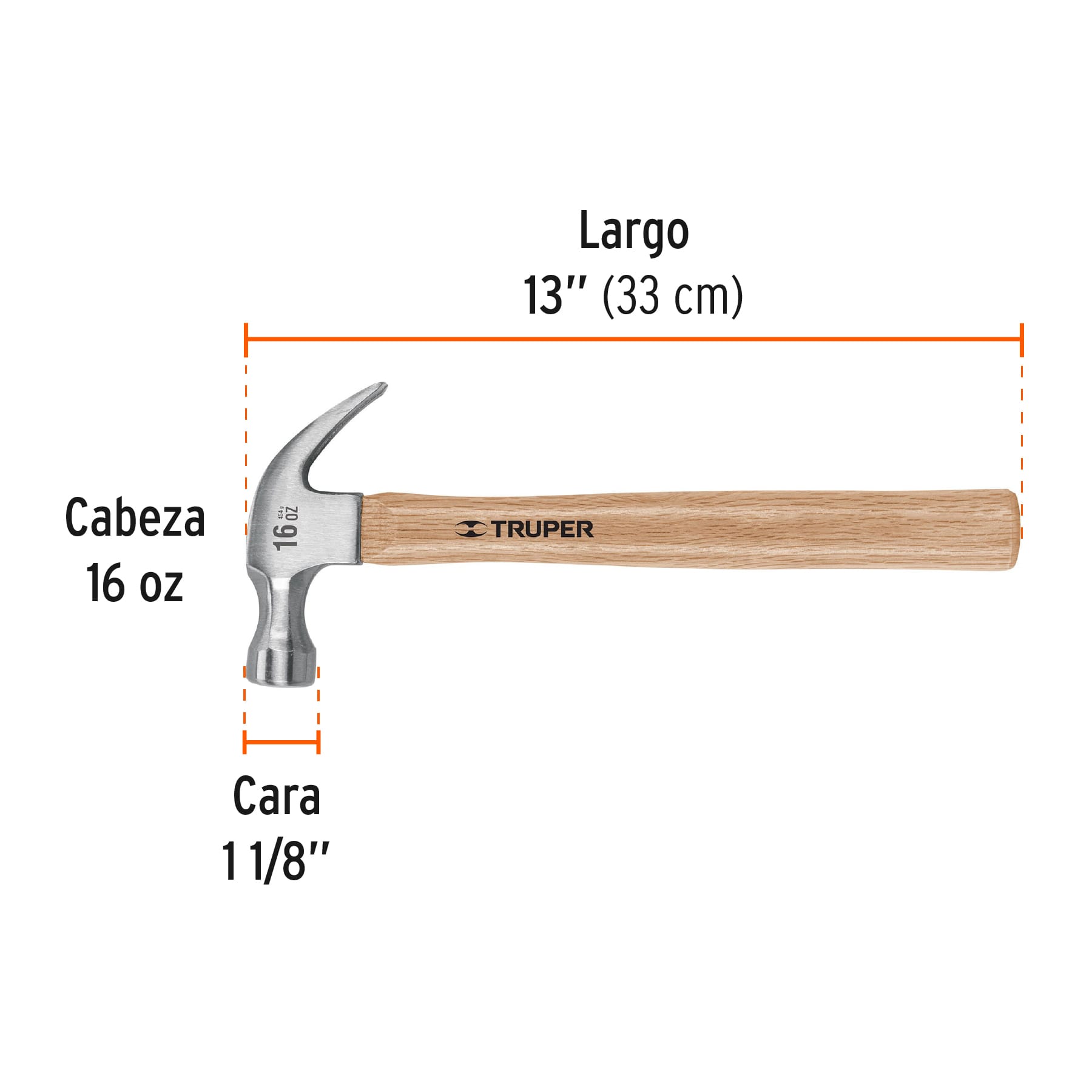 Martillo Pulido Uña Curva Mango Madera 16 Onzas Truper