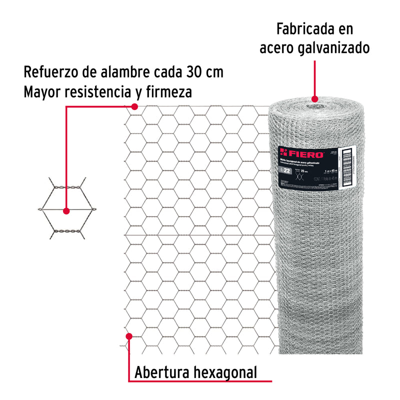 Malla Hexagonal Calibre 22 Abertura 25 mm Altura 1.00 Metro Fiero