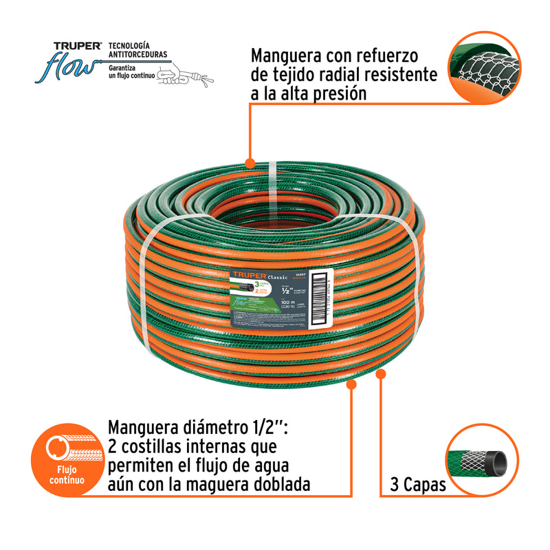 Manguera 3 Capas Tramada Verde Truper 1/2" en Rollo de 100 mts