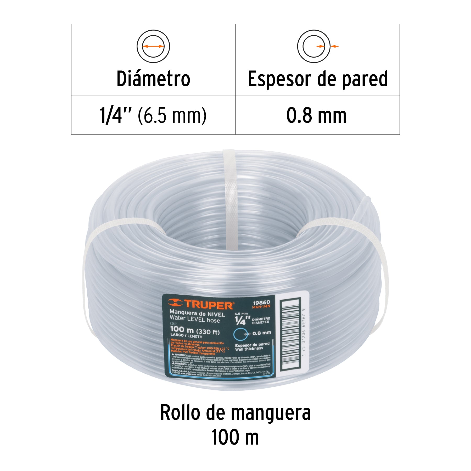 Manguera Transparente de Nivel Truper 1/4" (6.5 mm) por Metro