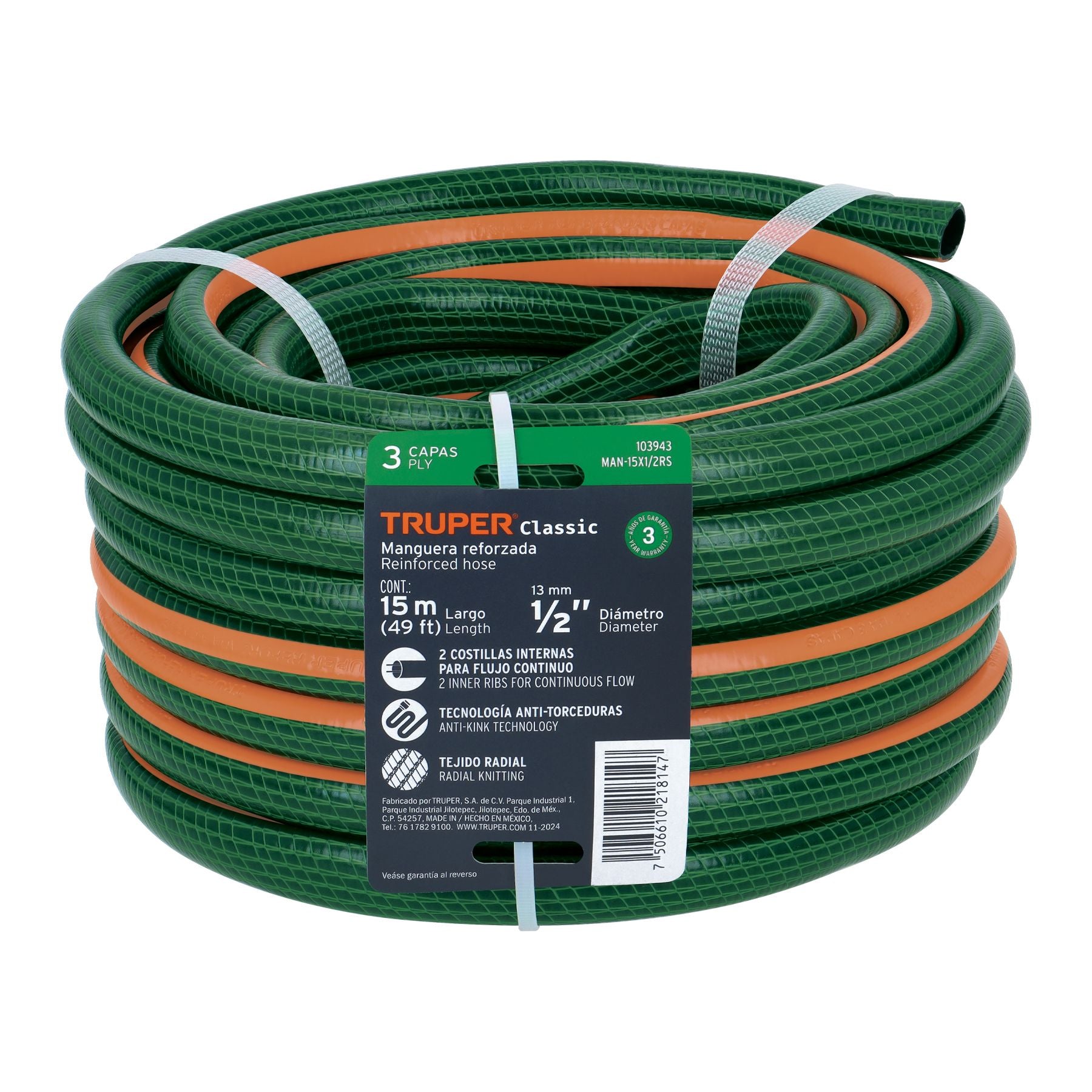 Manguera 3 Capas Tramada Verde Truper 1/2" Rollo  15 mts