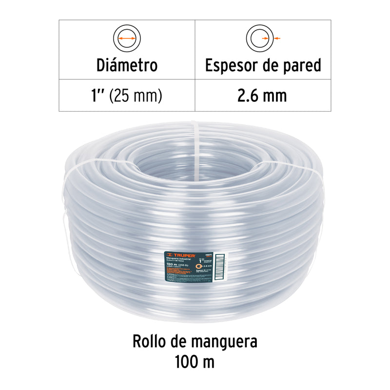 Manguera Transparente Industrial Truper 1" (25 mm) en Rollo de 100 mts