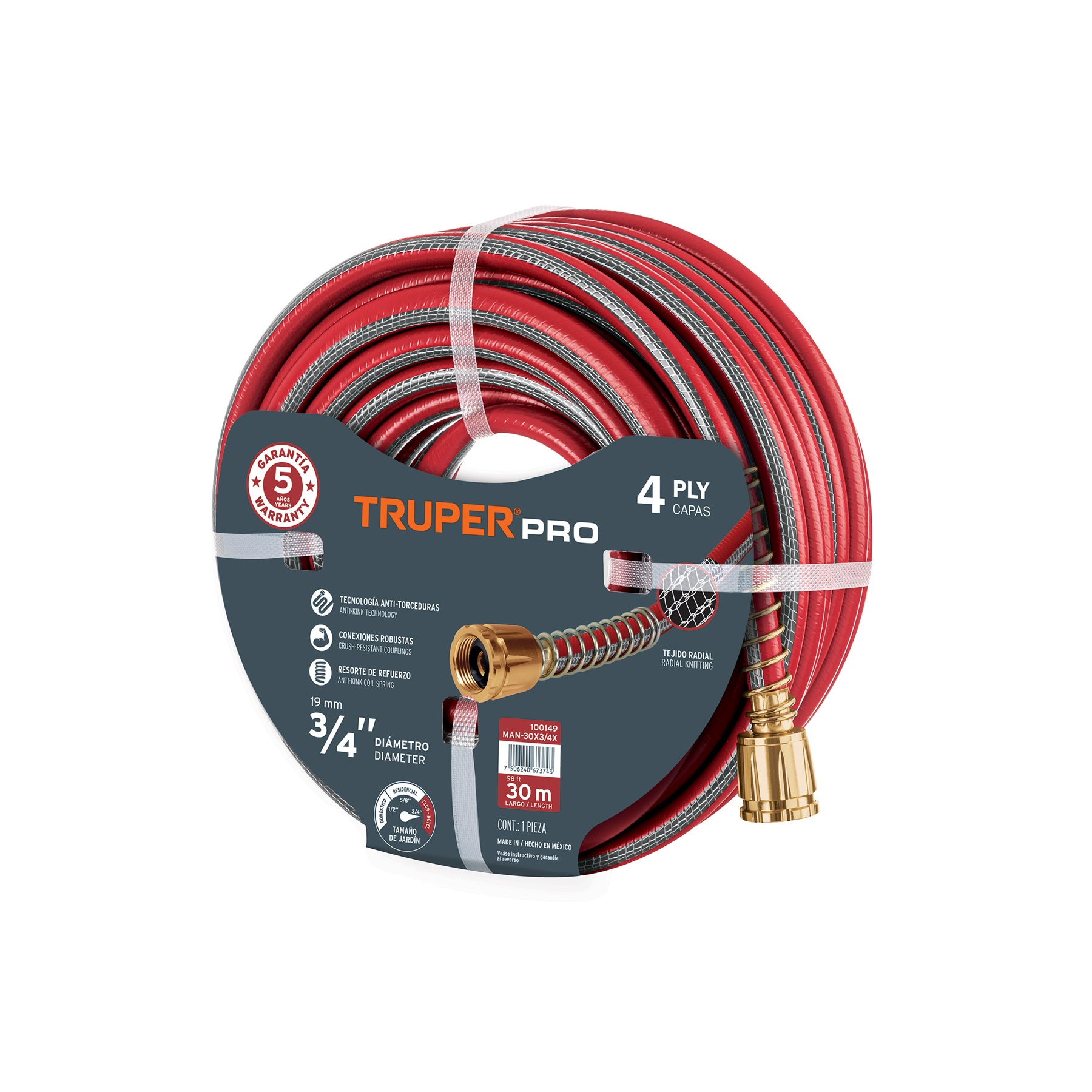 Manguera Super Reforzada 4 Capas Conexiones Metal 1/2" Rollo 25 Metros Truper