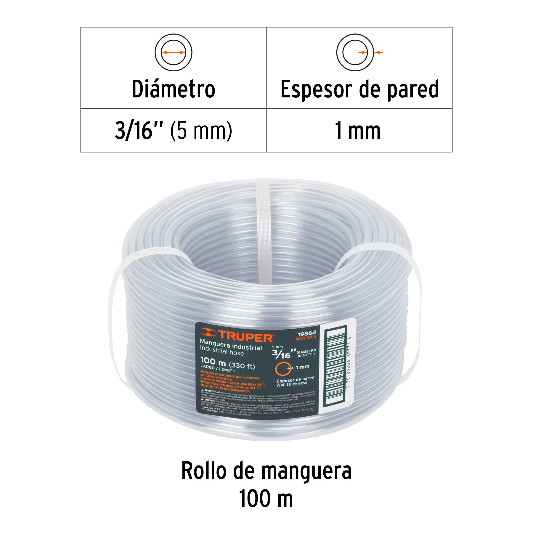 Manguera Transparente Industrial Truper 3/16" (5 mm) Rollo 100 Metros