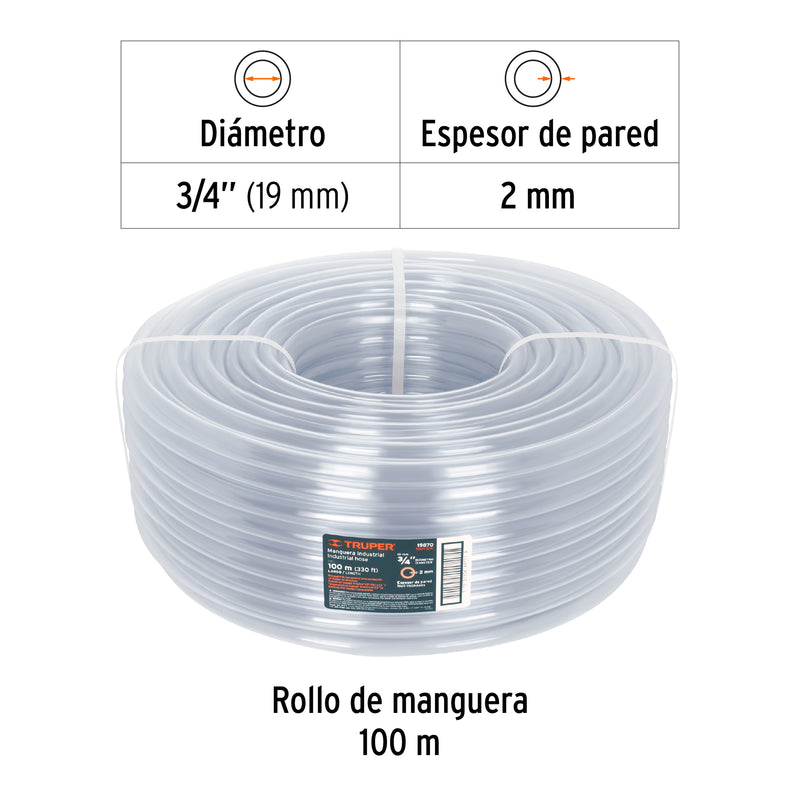 Manguera Transparente Industrial Truper 3/4" (19 mm) en Rollo de 100 mts