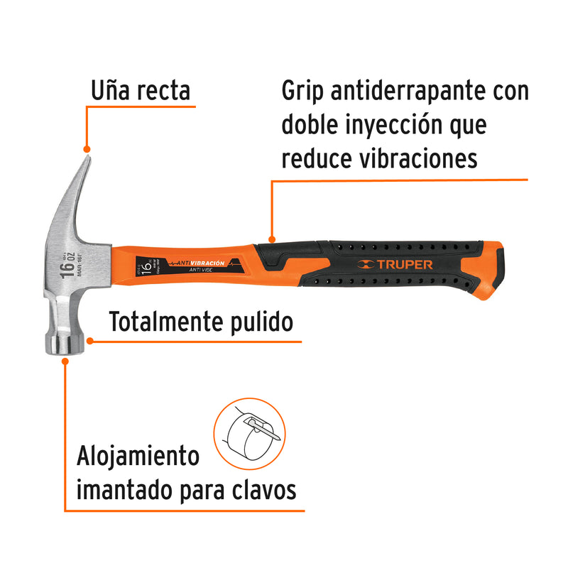 Martillo Pulido Uña Recta Mango Fibra de Vidrio 16 Onzas Truper