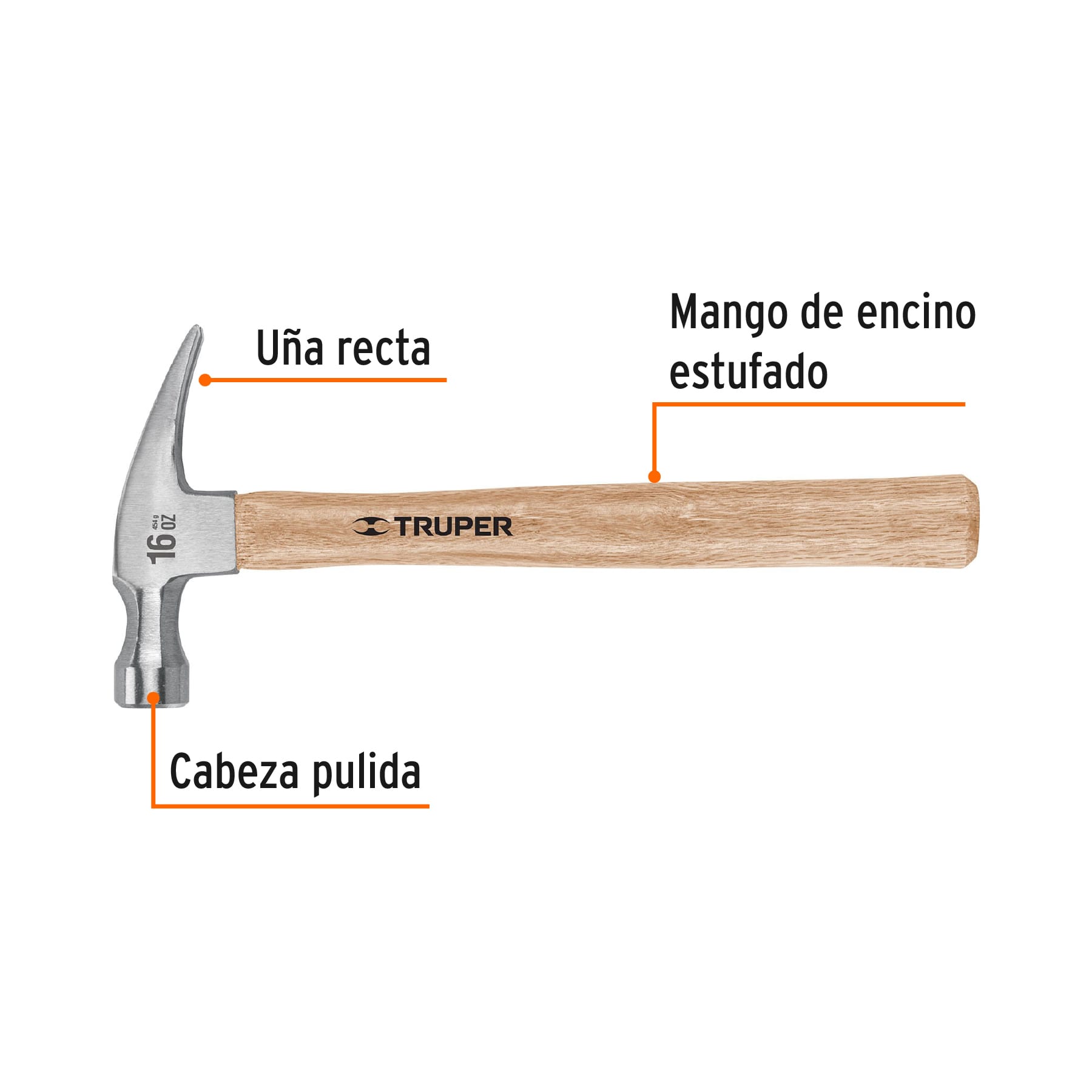 Martillo Pulido Uña Recta Mango Madera 16 Onzas Truper