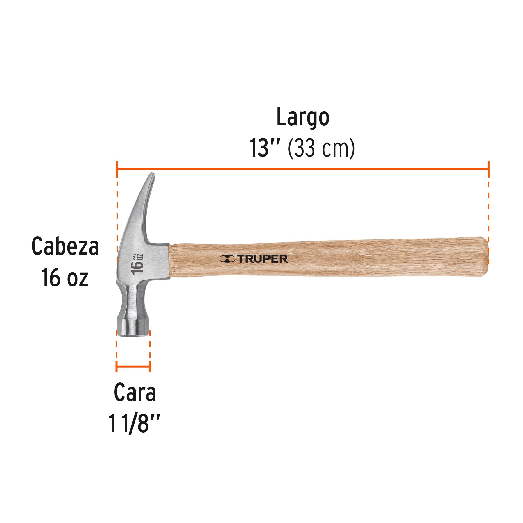 Martillo Pulido Uña Recta Mango Madera 16 Onzas Truper