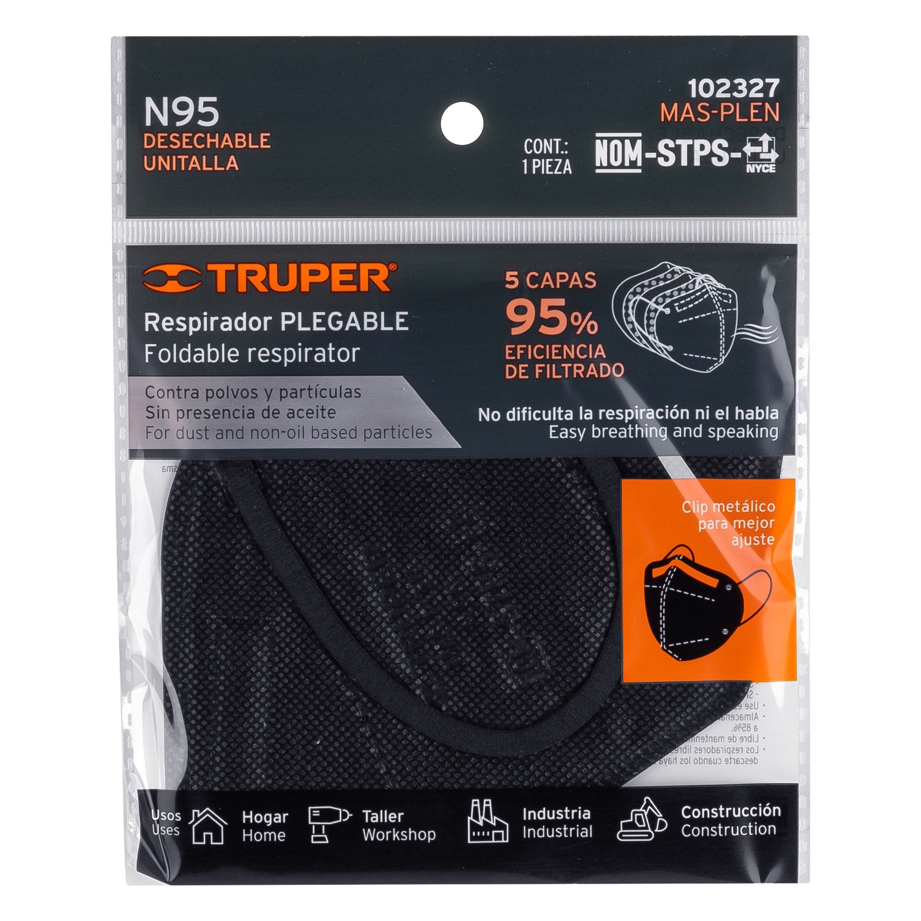 Cubrebocas Plegable N95 para Polvos y Particulas Truper Negro