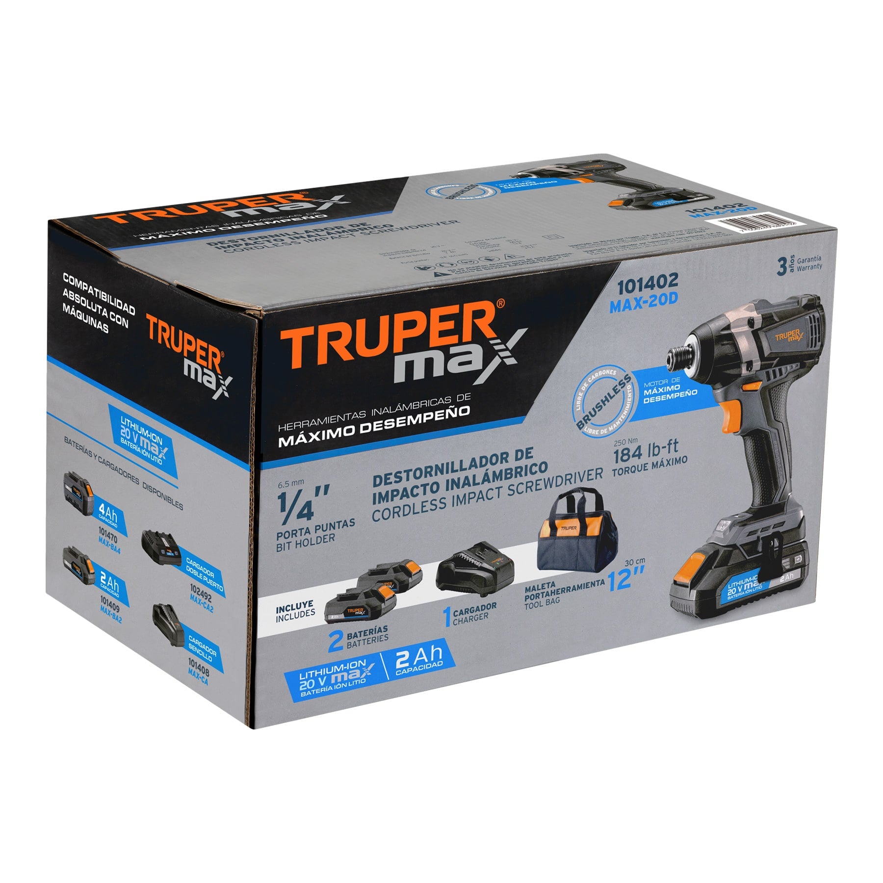Destornillador de Impacto Inalambrico 20 Volts Broquero de 1/4" Brushless Truper Max