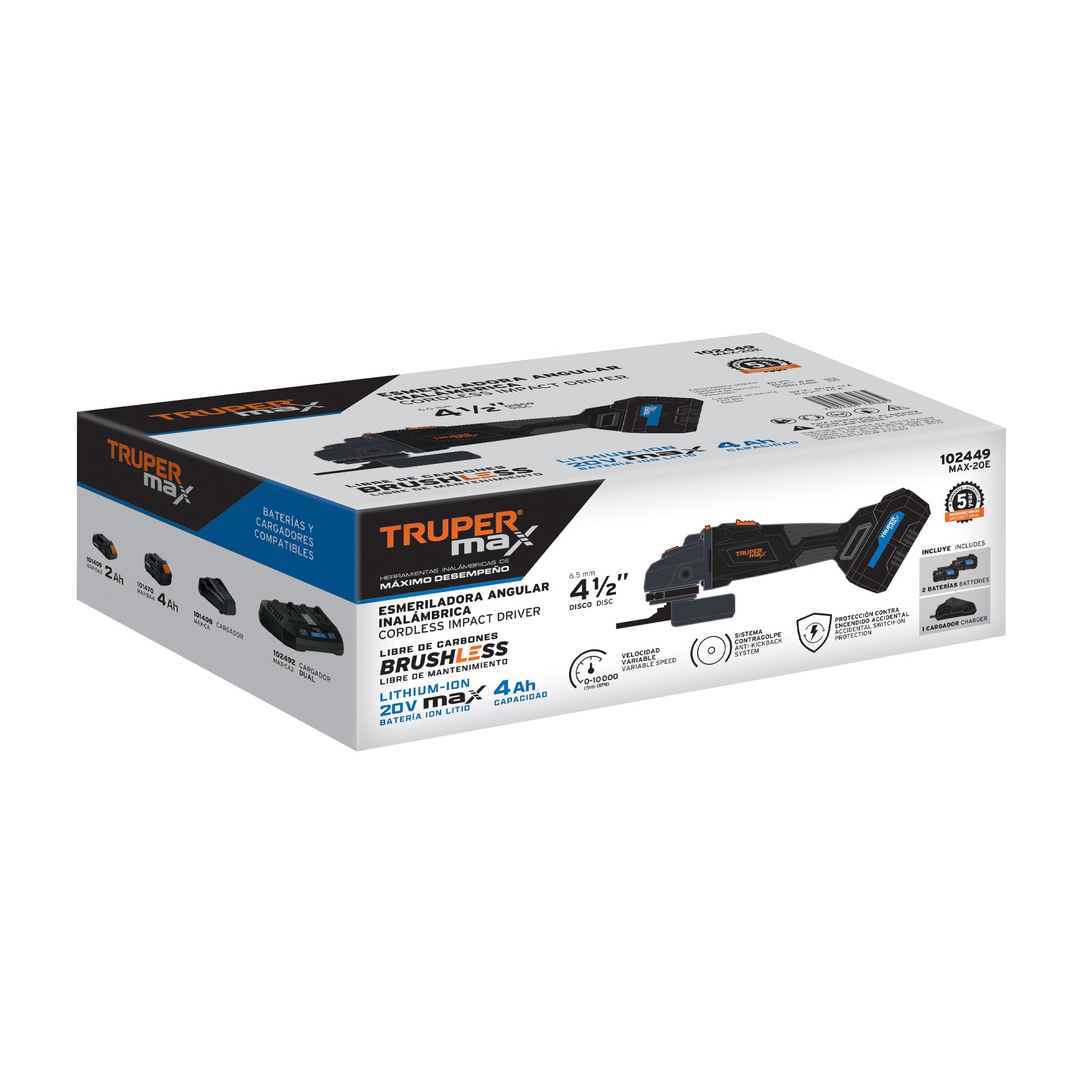 Esmeriladora Angular Inalambrica 20 Volts 4"1/2 Brushless Truper Max