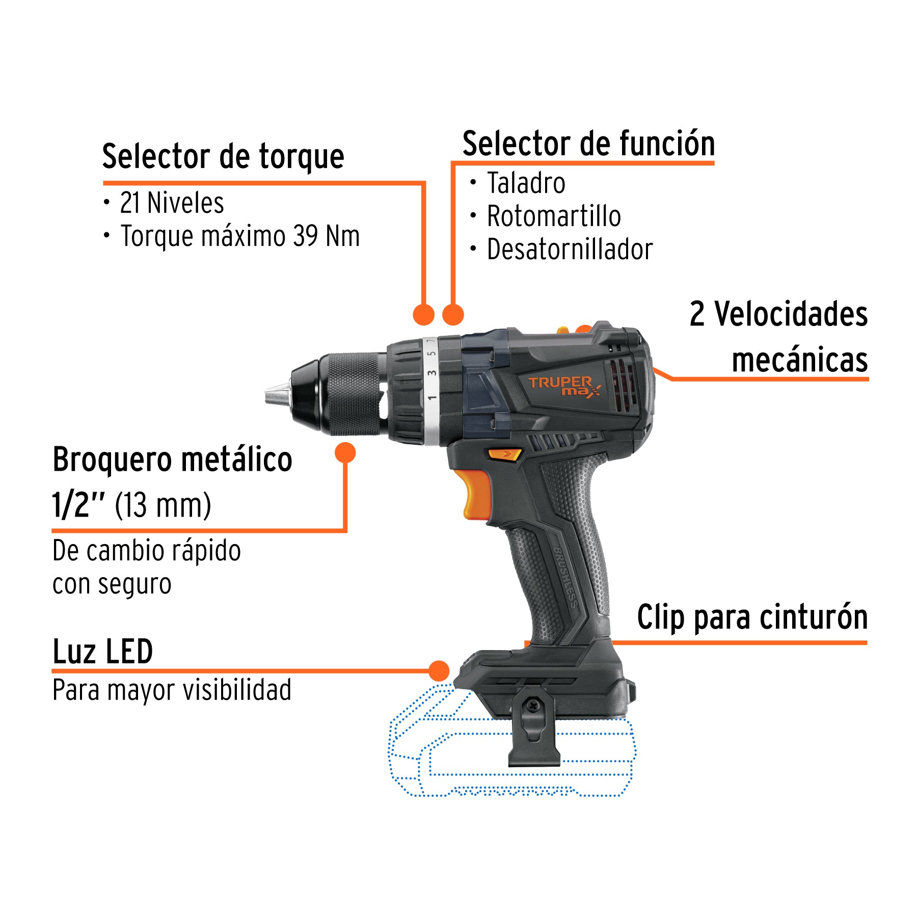 Rotomartillo Inalambrico 20 Volts Broquero de 1/2" Brushless Truper Max SOLO HERRAMIENTA
