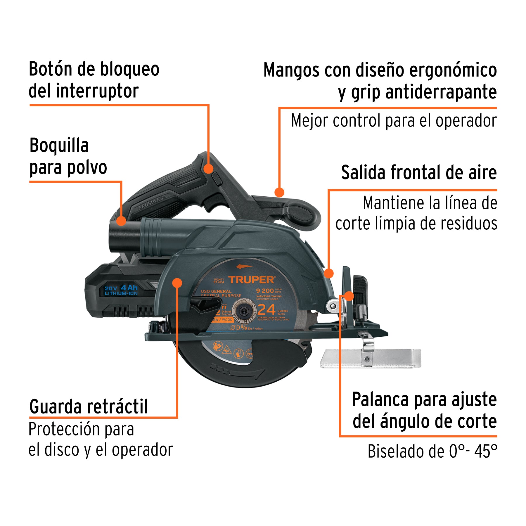 Sierra Circular Inalambrica 20 Volts 1 Bateria 6"1/2 Brushless Truper Max