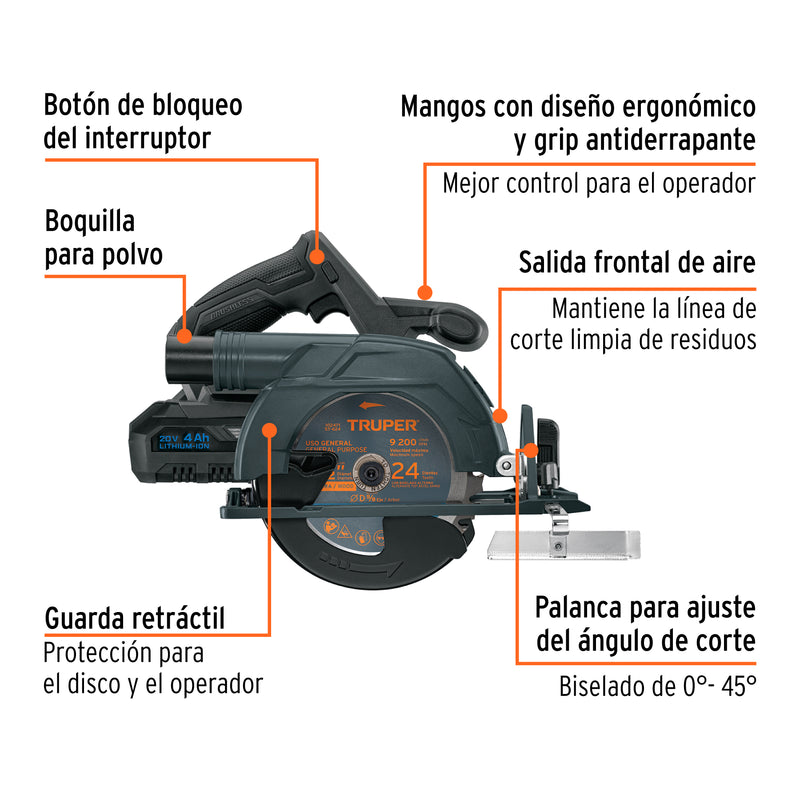 Sierra Circular Inalambrica 20 Volts 1 Bateria 6"1/2 Brushless Truper Max