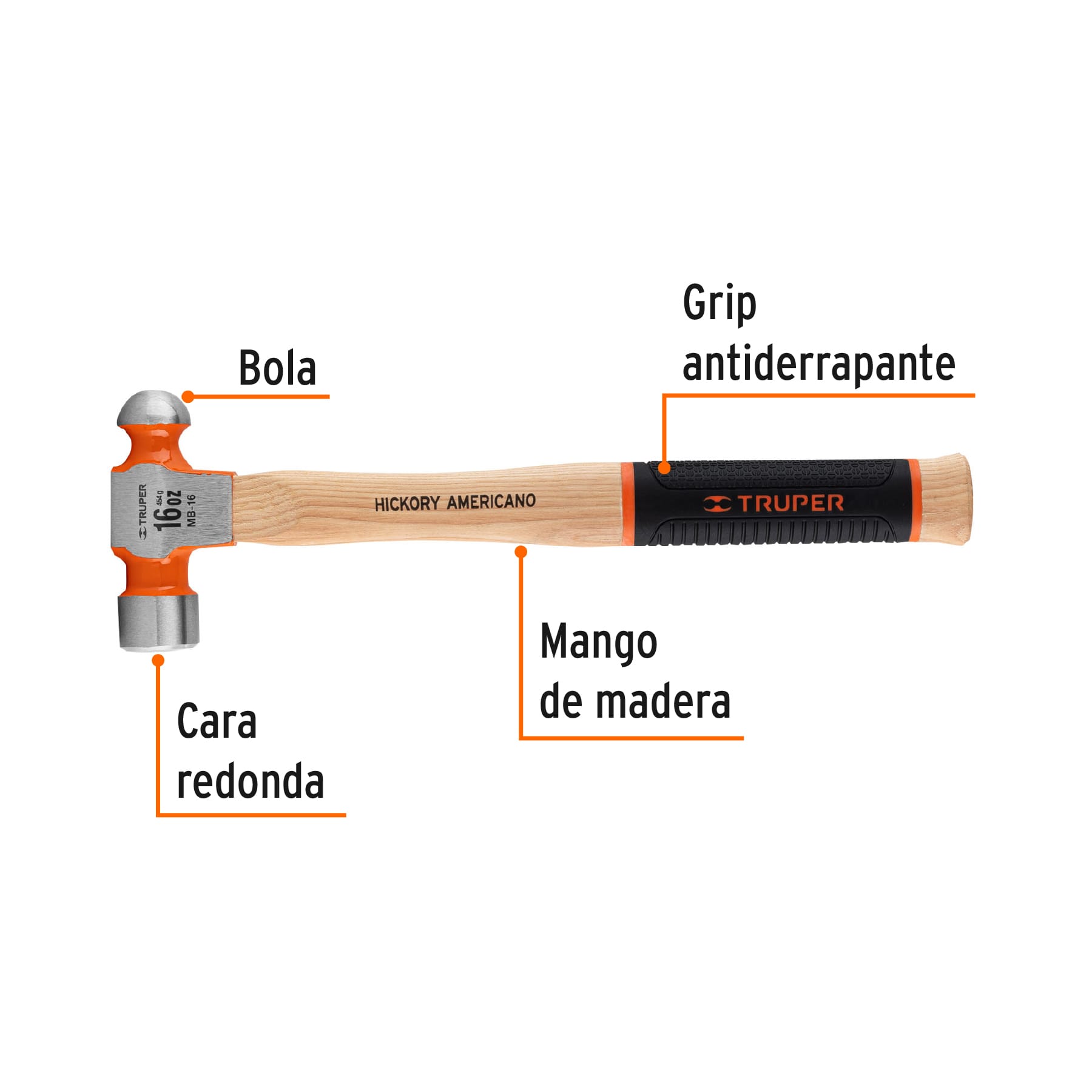 Martillo Pulido de Bola Mango Hickory Truper Grip 16 Onzas