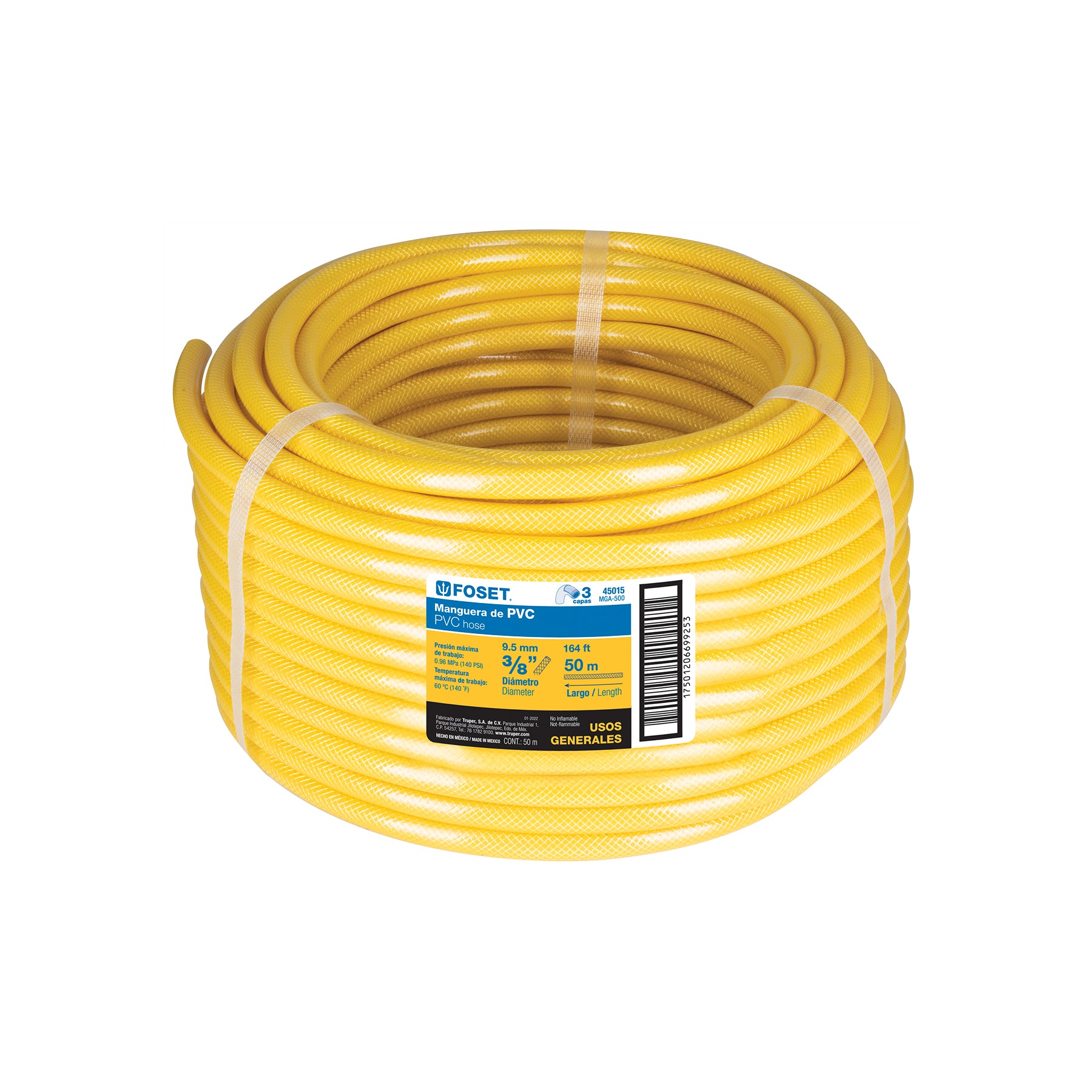 Manguera Flexible para Gas 3/8" Amarilla Foset Rollo de 50 Metros
