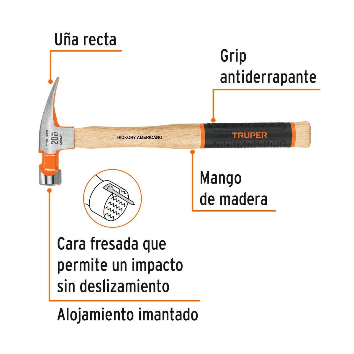 Martillo Pulido Uña Recta Boca Fresada Truper Grip