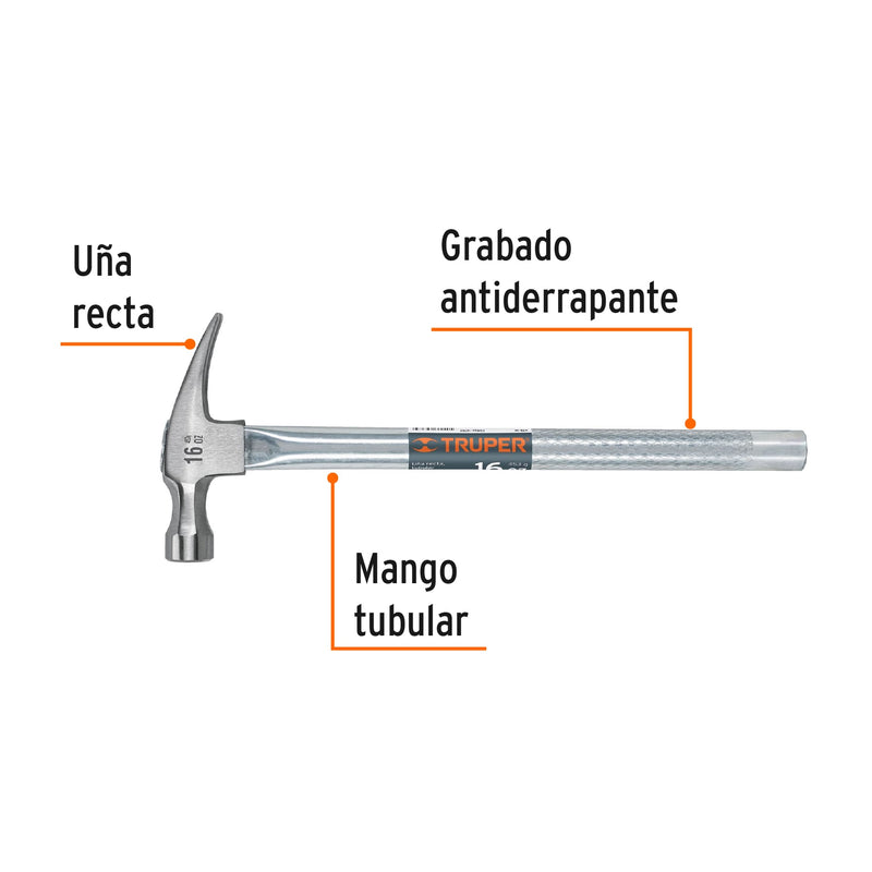 Martillo Pulido Uña Recta Mango Tubular 16 Onzas Truper